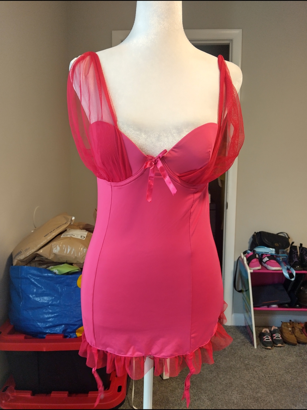 Rampage Hot Pink Sheer-Trim Slip Dress with Bow